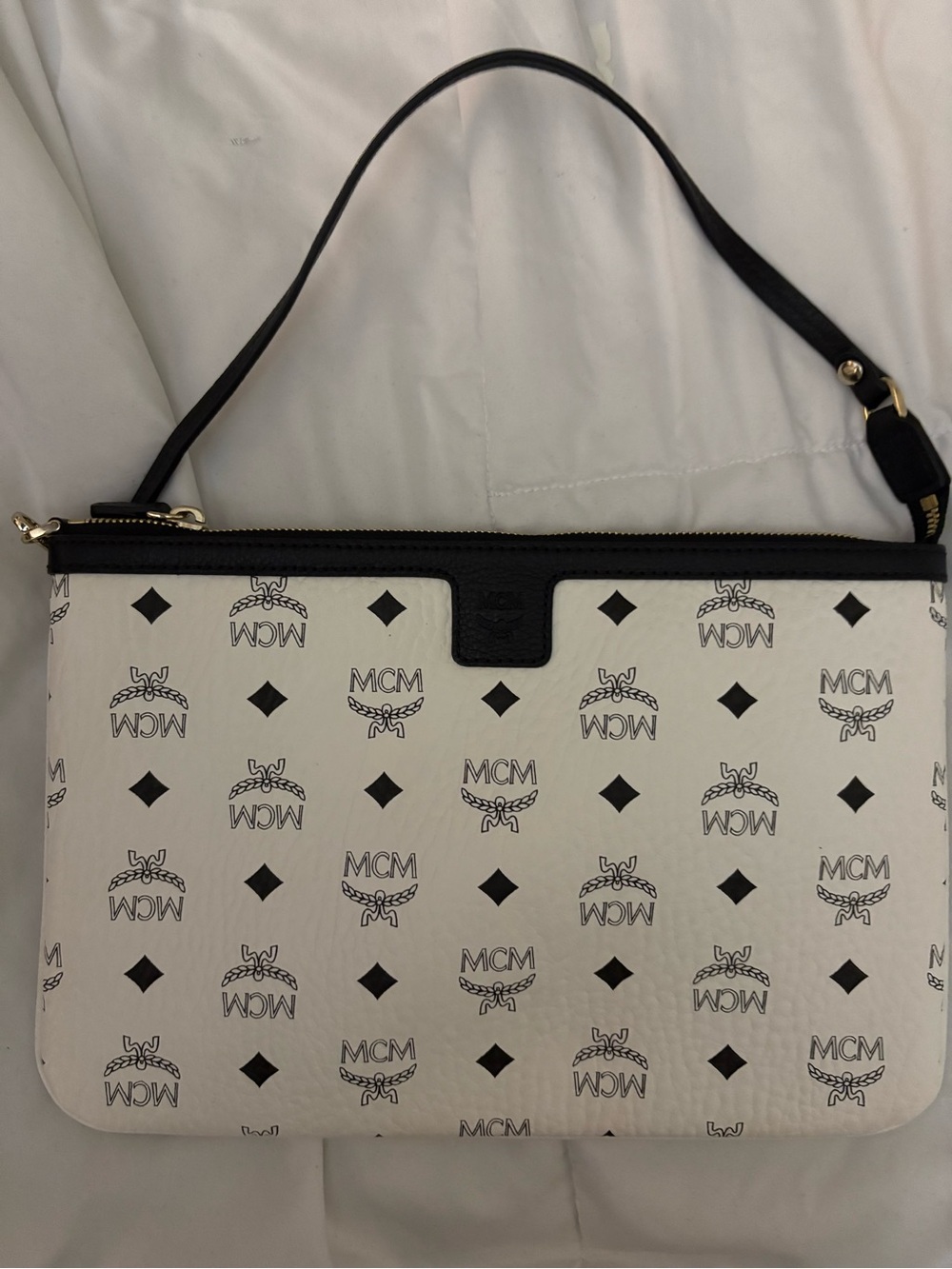 MCM White Logo Print Shoulder Pouch with Black Trim